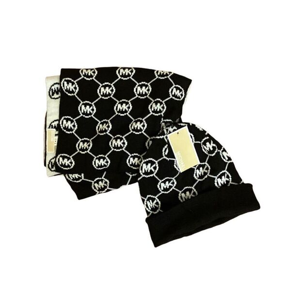 NEW Michael Kors Circle Logo Scarf & Beanie Hat Set Black & White - Picture 1 of 3